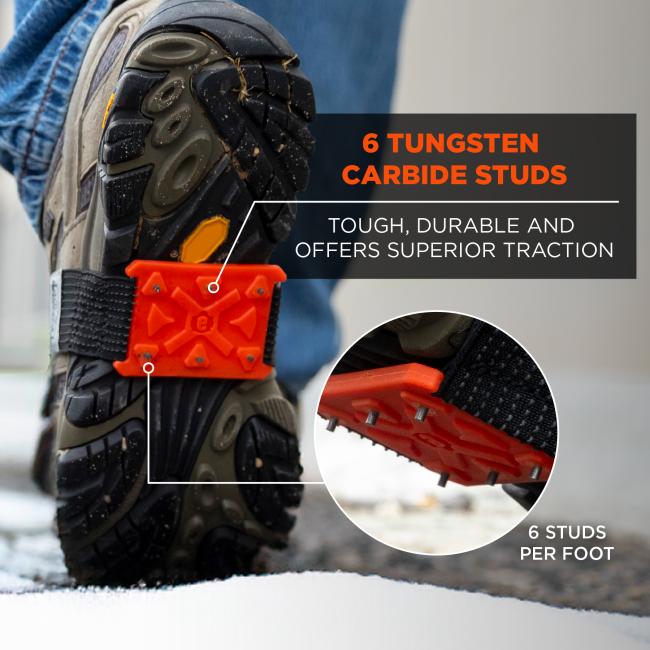 Six tungsten carbide studs: tough, durable and offers supeior foot traction