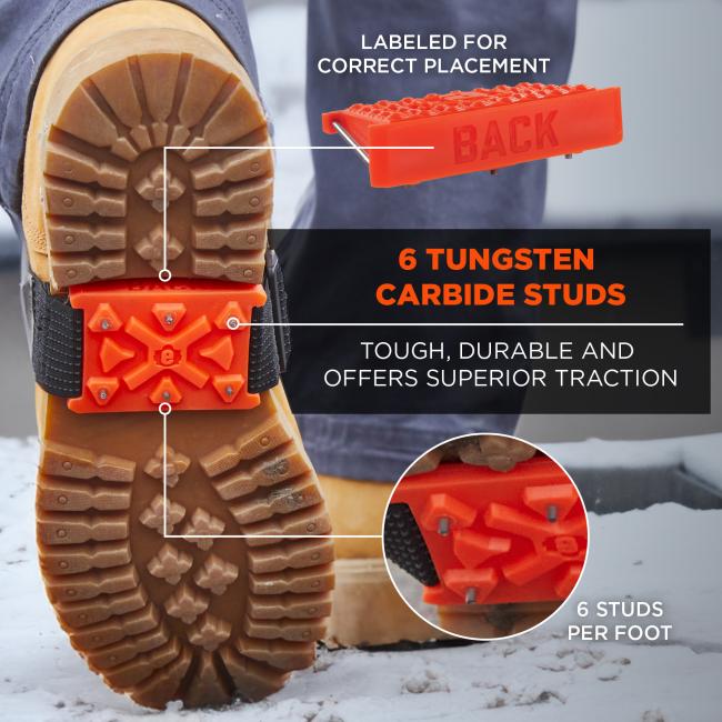 6 Tungsten Carbide Studs: tough, durable and offers superior traction. Labeled for correct placement. 6 studs per foot