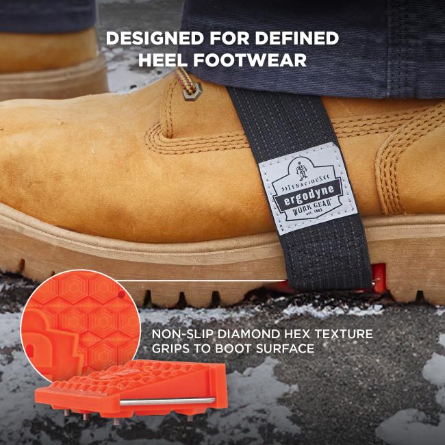 Designed for defined heel footwear: non-slip diamond hex texture grips to boot surface