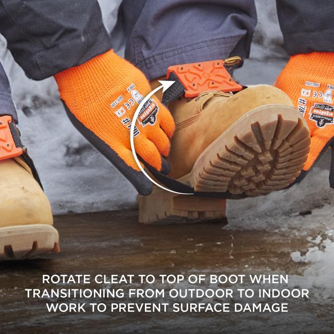 Rotate cleat to top of boot when transitioning from outdoor to indoor work to prevent surface damage