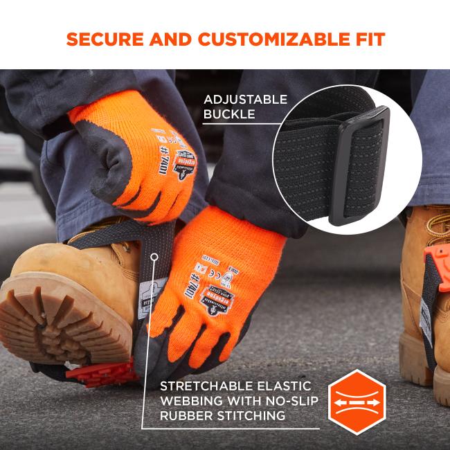 Secure and customizable fit: adjustable buckle and stretchable elastic webbing with no-slip rubber stitching .