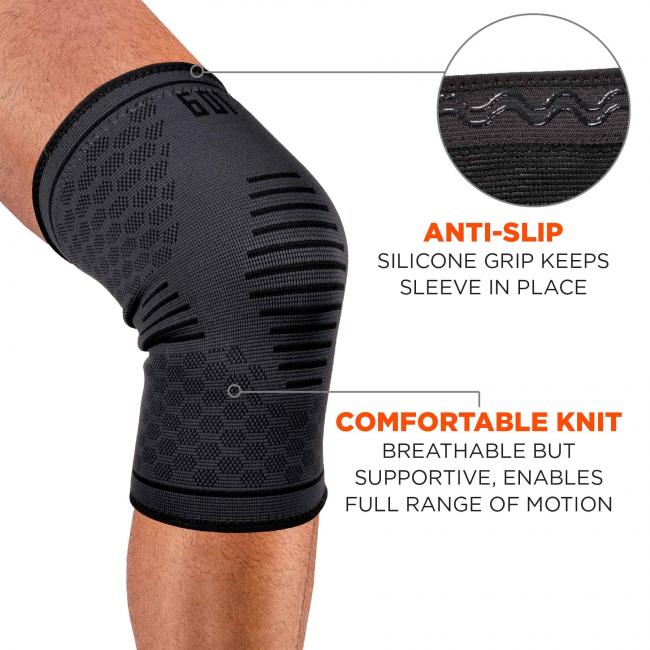 Anti-slip: silicone grip keeps sleeve in place. Comfortable knit: breathable but supportive, enables full range of motion. Image shows sleeve on model and detail of silicone grip. 