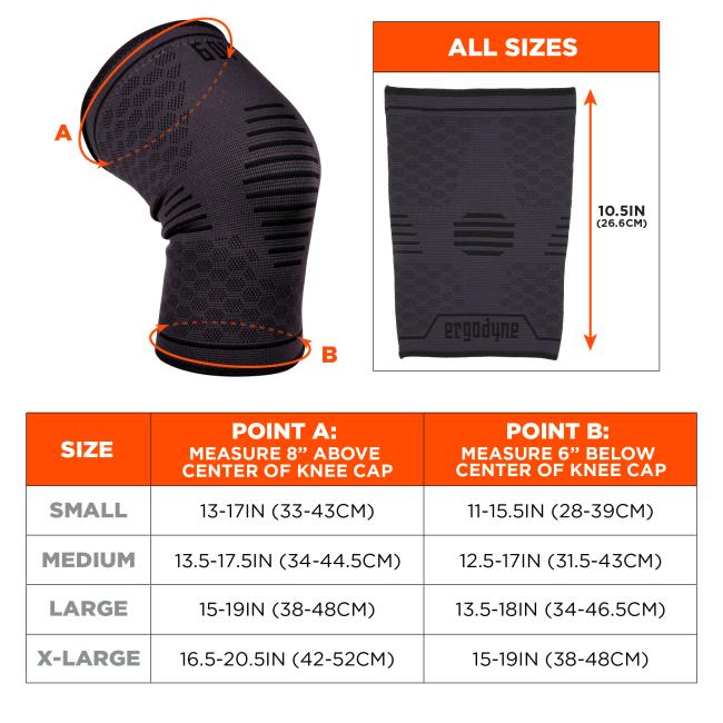 Size chart. Measure the circumference 5 inches above knee cap. Size S fits knee: 12.20-13.78in (31-35cm). Size M fits knee: 14.17-16.54in (36-42cm). Size L fits knee: 16.93-19.69in (43-50cm). Size XL fits knee 20.08-22.83in (51-58cm).
