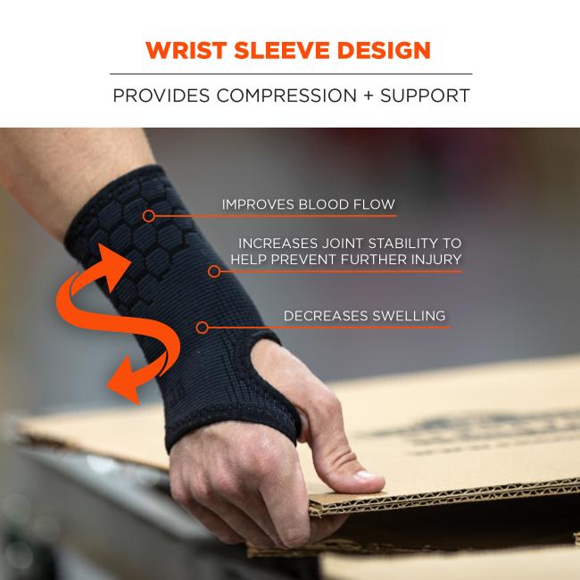 Wrist sleeve design: provides compression and support. Improves blood flow, increases joint stability to help prevent further injury and decreases swelling