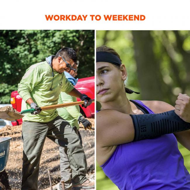 Workday to weekend. Image on left shows construction worker wearing sleeve under clothes. Image on right shows a runner wearing sleeve.