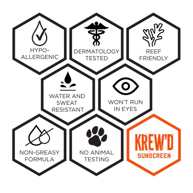 krew'd sunscreen: hypo-allergenic, dermatology tested, reef friendly, water and sweat resistant, won't run in eyes, non-greasy formula, no animal testing