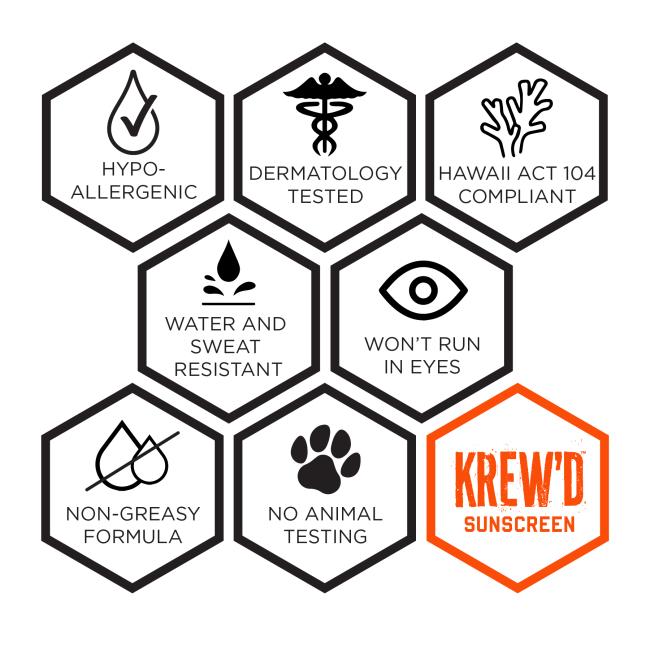 krew'd sunscreen: hypo-allergenic, dermatology tested, reef friendly, water and sweat resistant, won't run in eyes, non-greasy formula, no animal testing