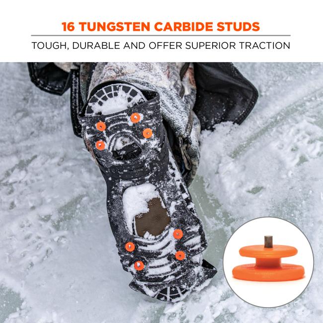16 tungsten carbide studs: tough, durable and offer superior traction