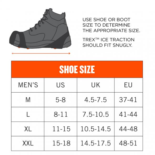 Use shoe or boot size to determine the appropriate size. Trex Ice Traction should fit snugly. Size M dimensions: 5-8 US Mens. Size L dimensions: 8-11 US Mens. Size XL dimensions: 11-14 US Mens. Size XXL dimensions: 15-18 US Mens.  