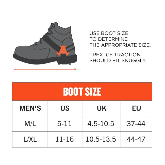 boot size guide: ice traction device should fit snugly. medium-large fits u.s. men's sizes 5 through 11, u.k mens sizes 4.5 to 10.5, and eu mens size 37 to 44. large-extra large fits u.s. men's sizes 11 through 16, u.k mens sizes 10.5 to 13.5, and eu mens size 44 to 47. 