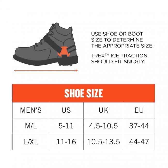 Use shoe or boot size to determine the appropriate size. Trex Ice Traction should fit snugly. Size M/L dimensions: 5-11 US Mens. Size L/XL dimensions: 11-16 US Mens.  