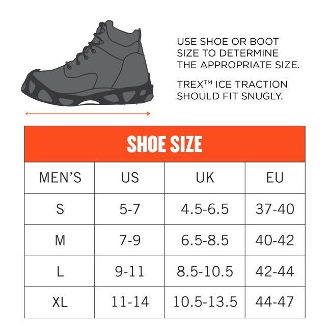 Use shoe or boot size to determine the appropriate size. Trex Ice Traction should fit snugly. Size S dimensions: 5-7 US Mens. Size M dimensions: 7-9 US Mens. Size L dimensions: 9-11 US Mens. Size XL dimensions: 11-14 US Mens.