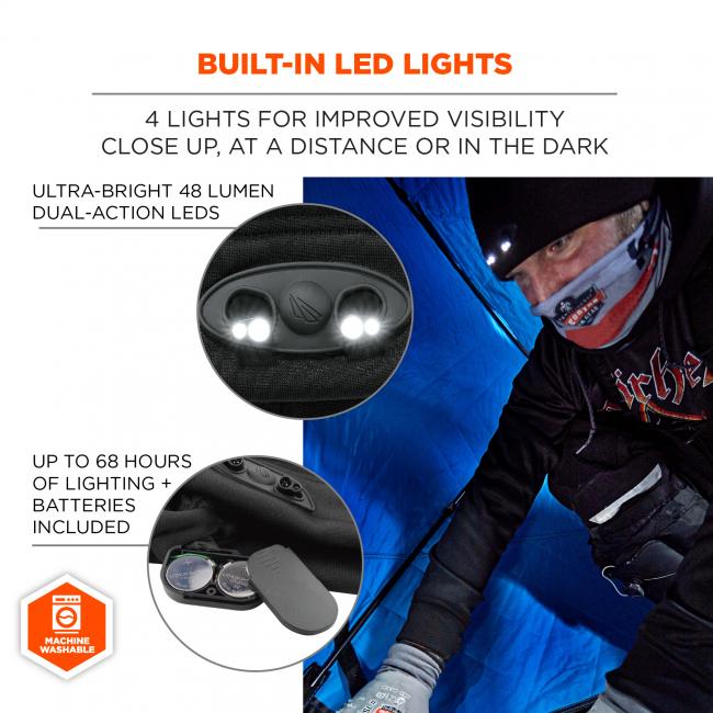4 lights for improved visibility close up, at a distance or in the dark. Ultra Bright 48 lumen dual-action LEDs. Up to 68 hours of lighting + batteries included. Machine Washable.