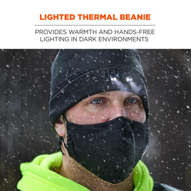 Lighted thermal beanie. Provides warmth and hands-free lighting in dark environments
