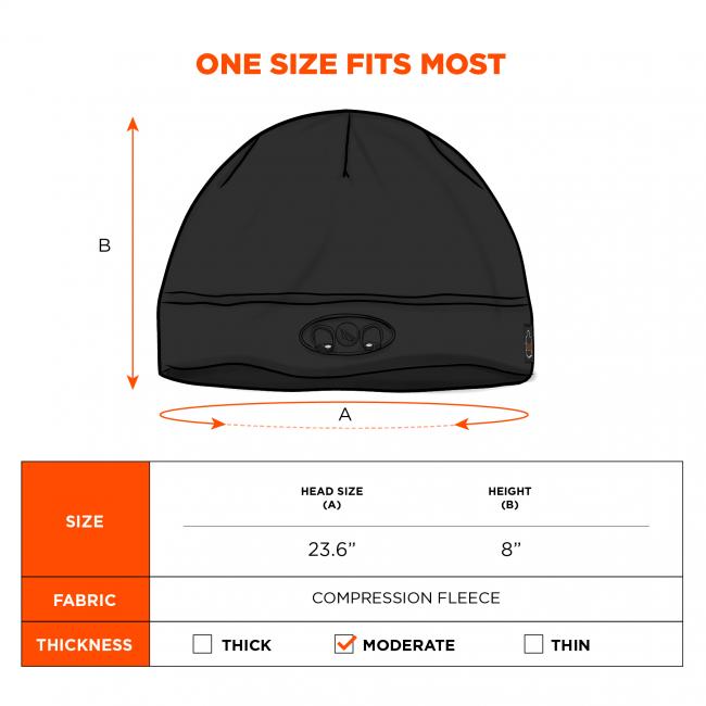 One Size fits most. Head size is 23.6 inches in circumference, and the hat is 8 inches in height. Compression fleece fabric, with a moderate thickness.