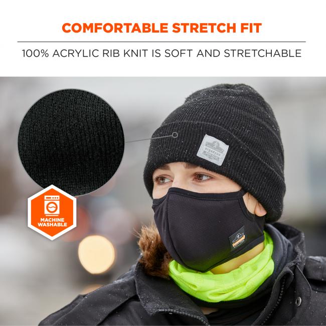 Comfortable stretch fit. 100% acrylic rib knit is soft and stretchable. Machine washable