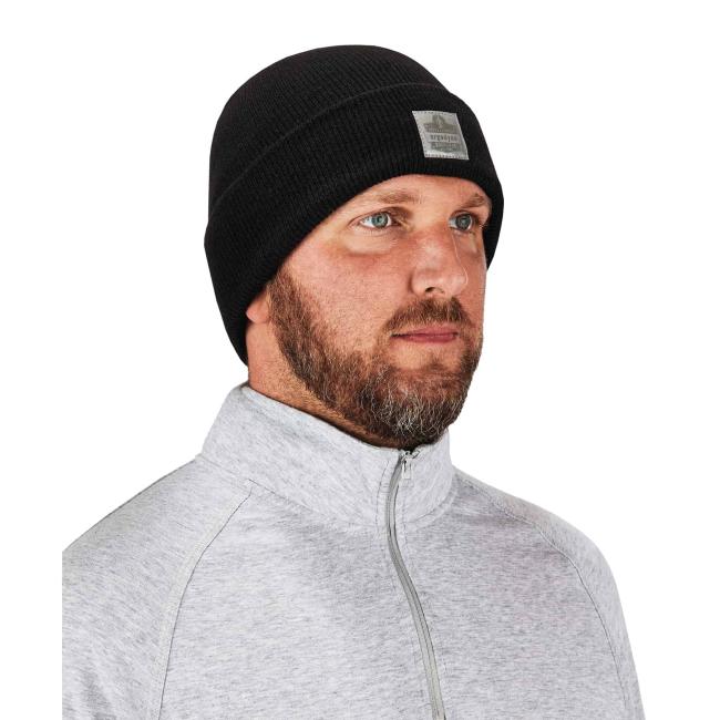 6806 Black Folded Knit Beanie, on model, three quarter view image 2