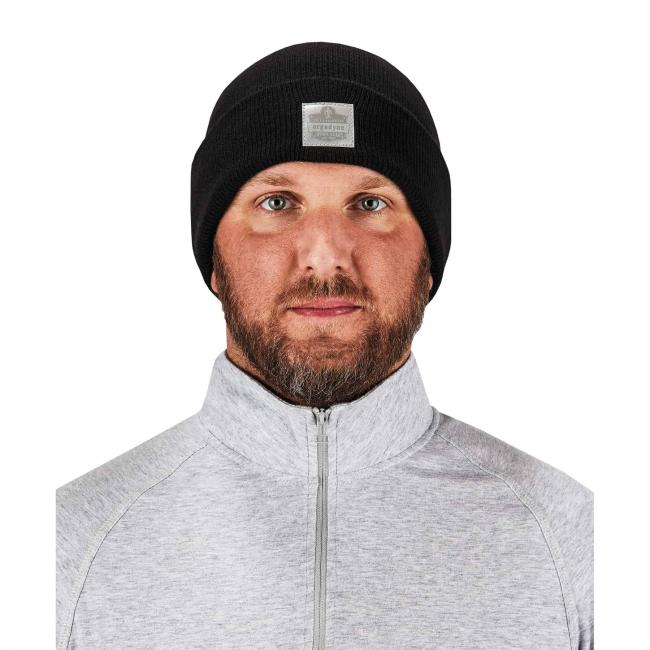 6806 Black Folded Knit Beanie, on model, front view image 3