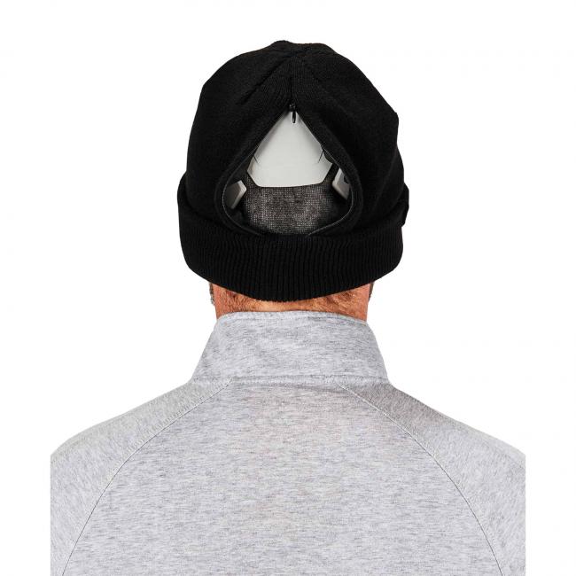 Beanie on model, back, unzipped with bump cap