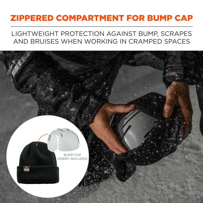 Zippered compartment for bump cap: lightweight protection against bump, scrapes and bruises when working in cramped spaces. Small image shows bump cap with arrow pointing to hat and says “bump cap insert included”