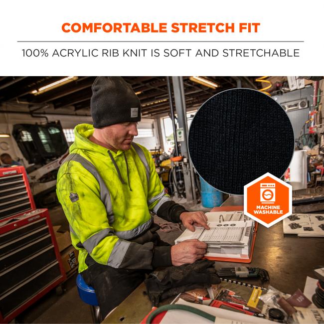 Comfortable stretch fit. 100% acrylic rib knit is soft and stretchable. Machine washable