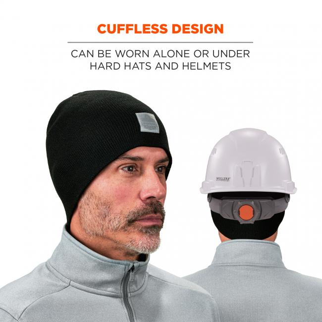 Cuffless design. Can be worn alone or under hard hats and helmets