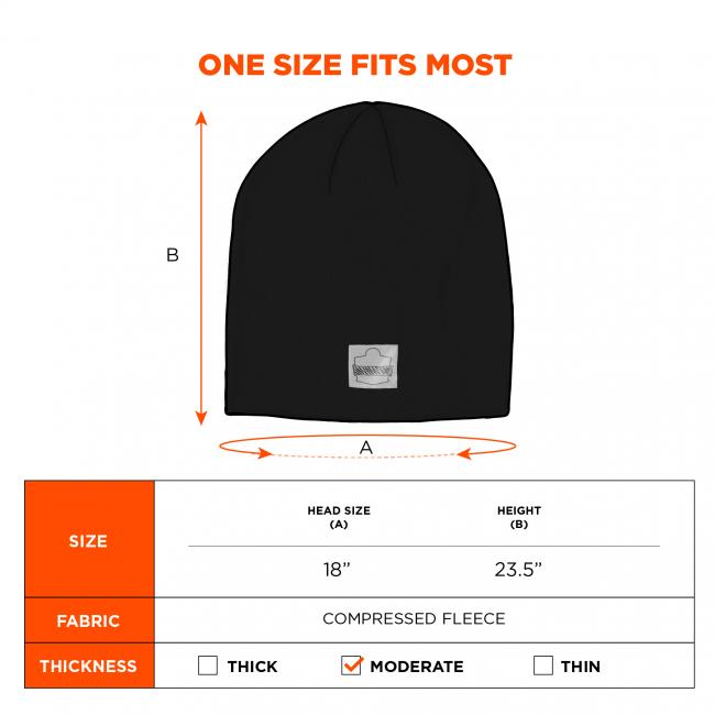 One size fits most. Head size is 18 inches, hat height is 23.5 inches. Compressed fleece fabric, with a moderate thickness.