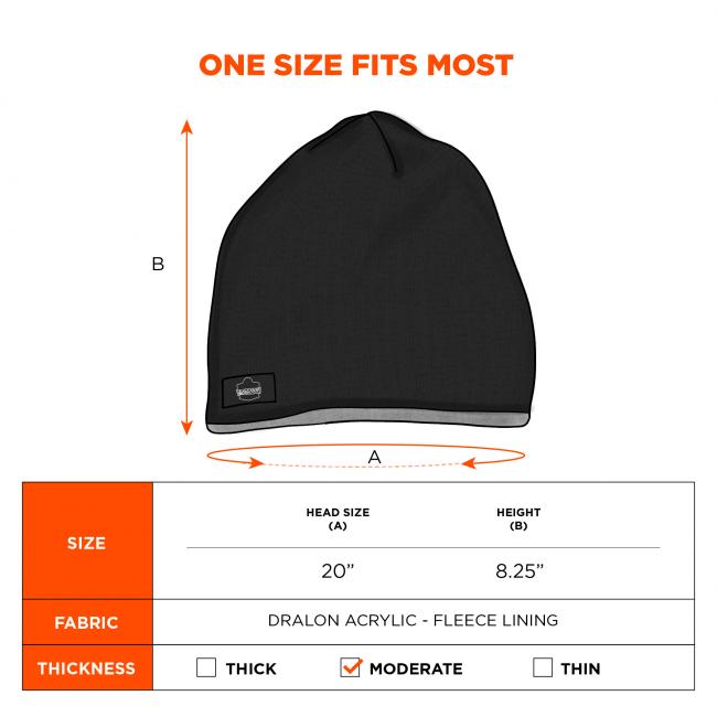 One size fits most. Head size is 20 inches around, and the hat has an 8.25 inch height. Fabric is Dralon acrylic with fleece lining, and a moderate thickness.