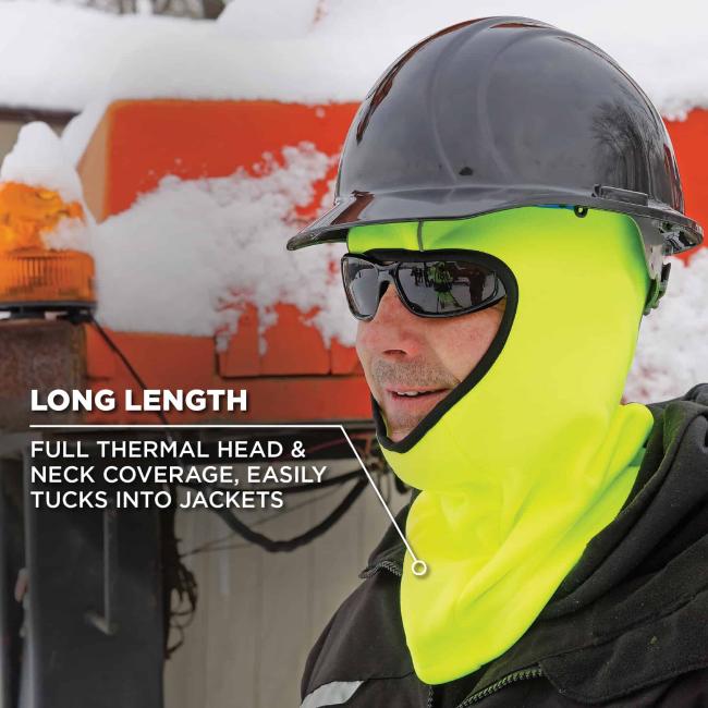 Long length: full thermal head & neck coverage easily tucks into jackets.