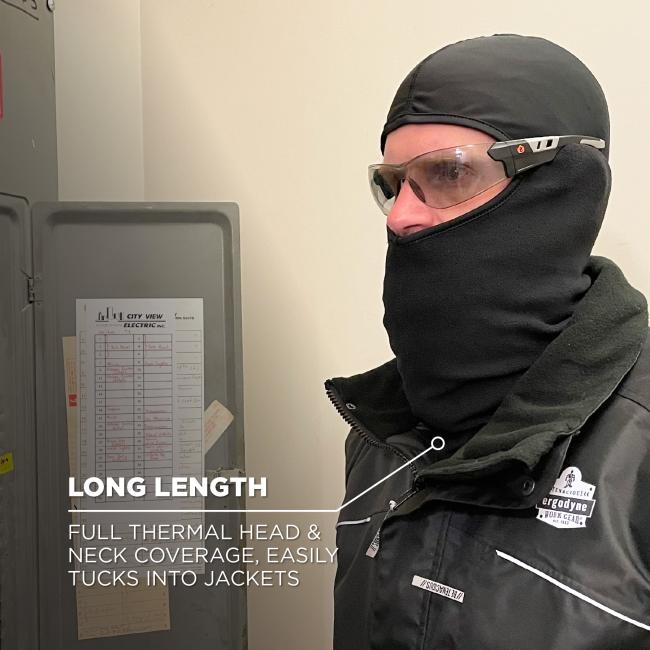 Long length. Full thermal head and neck coverage, easily tucks into jackets.