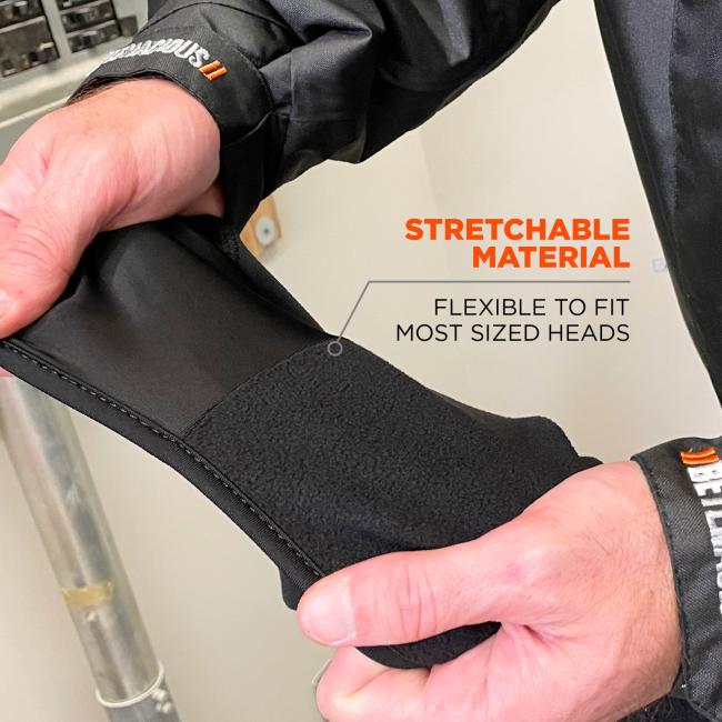 Stretchable material. Flexible to fit most sized heads.