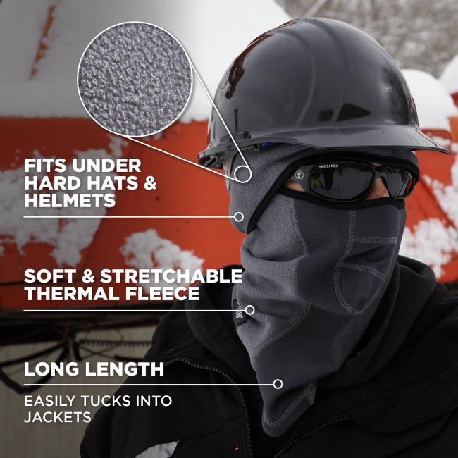 Fits under hard hats and helmets. Soft and stretchable thermal fleece. Long length, easily tucks into jackets.