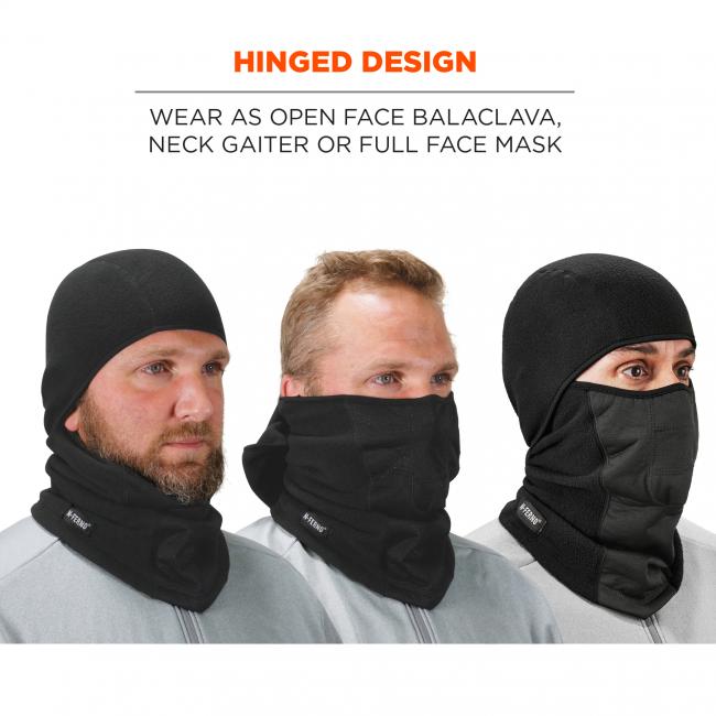 Hinged design. Wear as open face balaclava, neck gaiter or full face mask