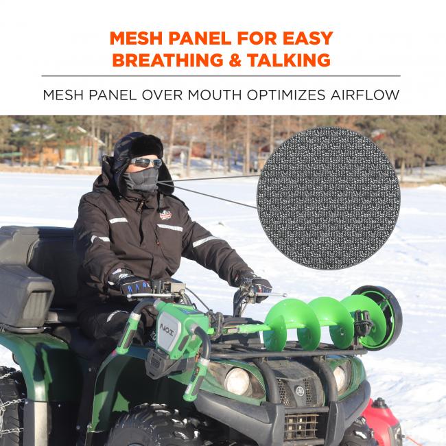 Mesh panel for easy breathing and talking. Mesh panel over mouth optimizes airflow