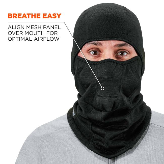 Breathe easy: align mesh panel over mouth for optimal airflow. Arrow points to mouth piece.