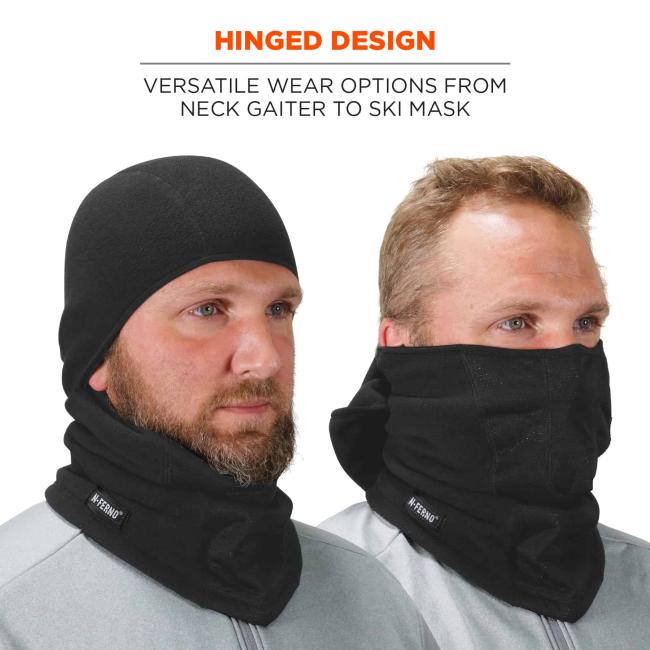 Hinged design: versatile wear options from neck gaiter to ski mask. Model wearing balaclava pulled up and down.