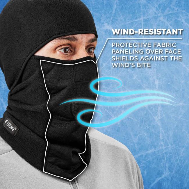 Wind-resistant: protective fabric paneling over face shields against wind’s bite. White line shows wind-resistant panel.