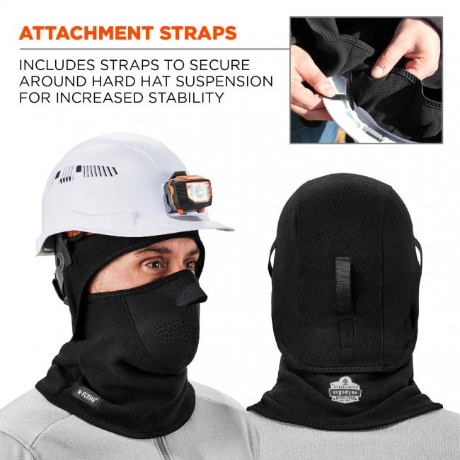 Attachment straps: includes straps to secure around hard hat suspension for increased stability