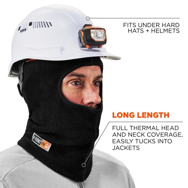 Long length: full thermal head and neck coverage easily tucks into jackets. fits under hard hats and helmets