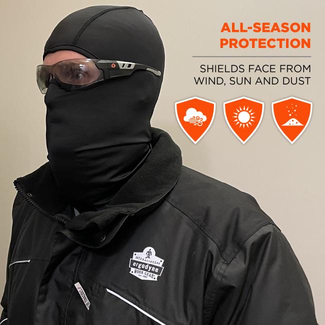 All-season protection shields face from wind, sun and dust.