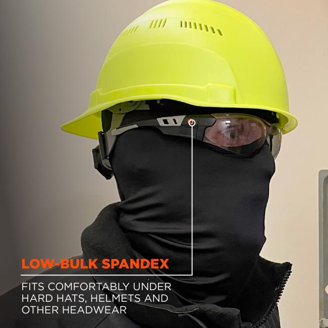 Low-bulk spandex fits comfortably under hard hats, helmets and other headwear.