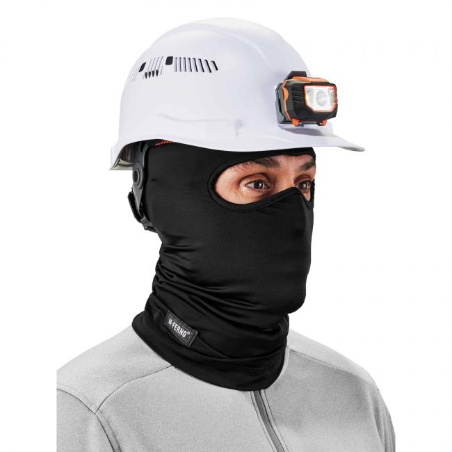 Balaclava on model - three quarter view under hard hat