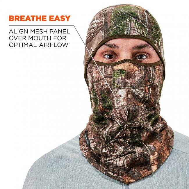 Breathe easy: align mesh panel over mouth for optimal airflow. Arrow points to mouth piece.