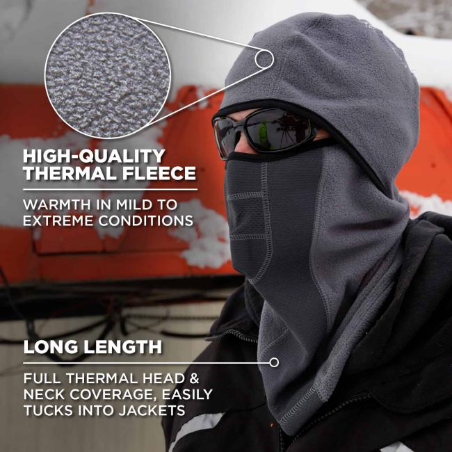High-quality thermal fleece: warmth in mild to extreme conditions. Long length: full thermal head and neck coverage easily tucks into jackets. Zoomed in view of fleece.