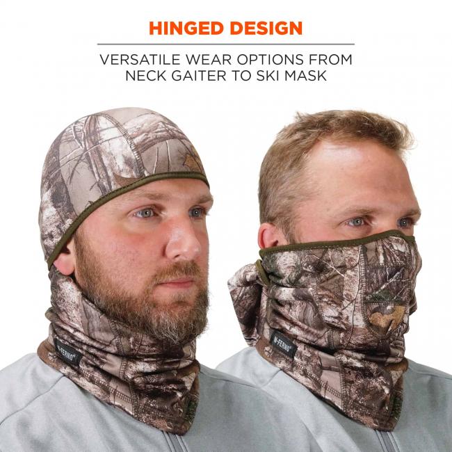 Hinged design: versatile wear options from neck gaiter to ski mask. Model wearing balaclava pulled up and down.