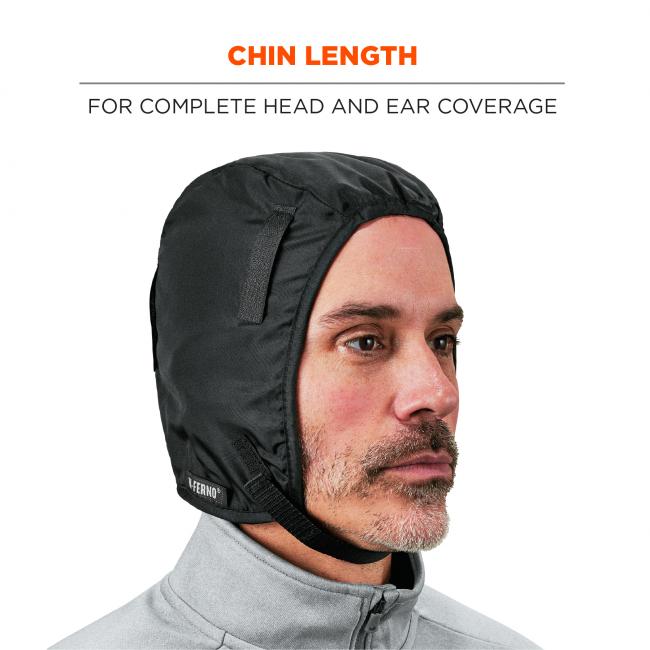 Chin length. For complete head and ear coverage