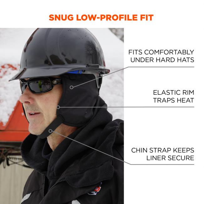 Snug low-profile fit. Fits comfortably under hard hats. Elastic rim traps heat. Chin strap keeps liner secure