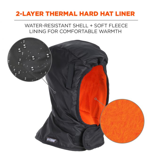 2 layer thermal hard hat liner. Water resistant shell + soft fleece lining for comfortable warmth