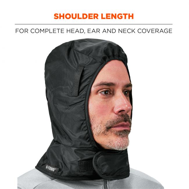 Shoulder length. For complete head, ear and neck coverage