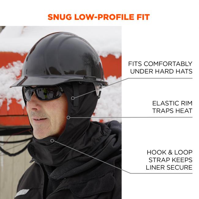Snug low-profile fit. Fits comfortably under hard hats. Elastic rim traps heat. Hook & loop strap keeps liner secure